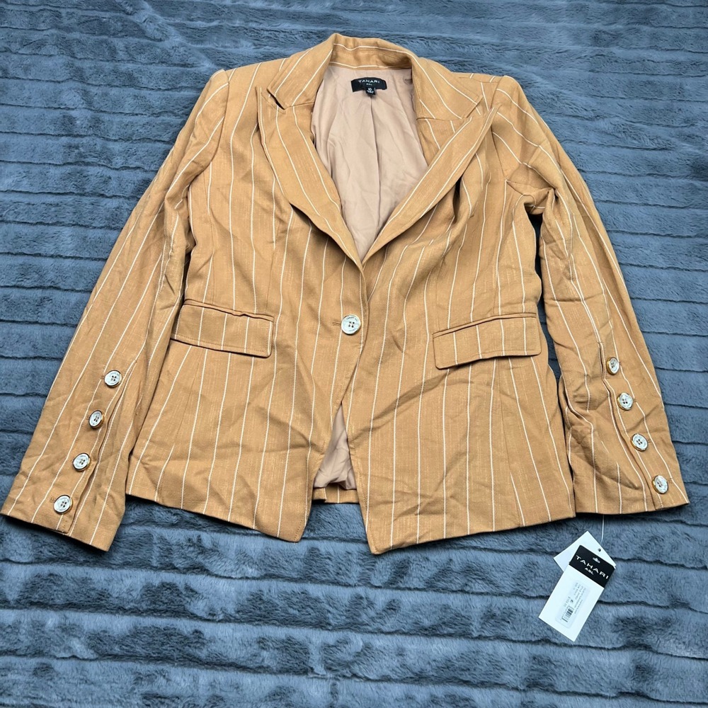Tahari ASL Womens Pinstripe Blazer Almondine Ivory Button Cuff Jacket 10 2AM622